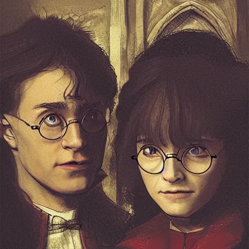 Hermione Granger getting Harry Potter in a headlock, Stable Diffusion