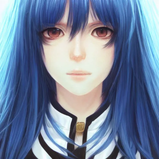 Image similar to profile shot of rimuru tempest, sky blue, straight hair, long bangs, amber eyes, wearing a black jacket!! with white stripes, high collar, highly detailed, unreal engine 5, digital painting, cinematic, wlop | artgerm, pixiv, yoshitaka amano, greg rutkowski, ilya kuvshinov, andy warhol