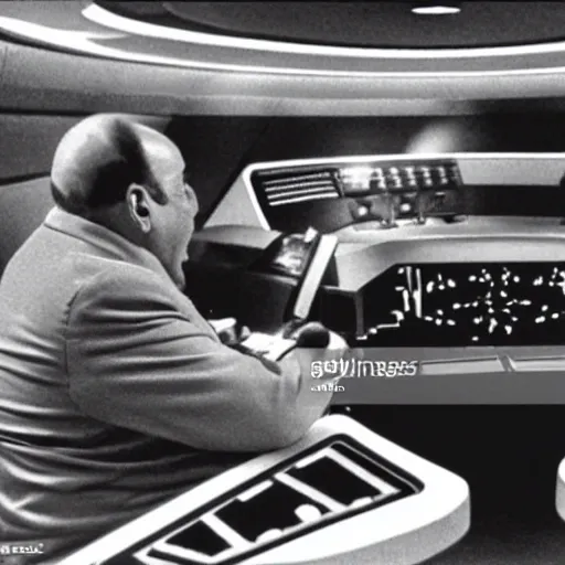 Image similar to captain danny devito sitting in the captains chair of the USS enterprise, star trek the next generation, cinematic