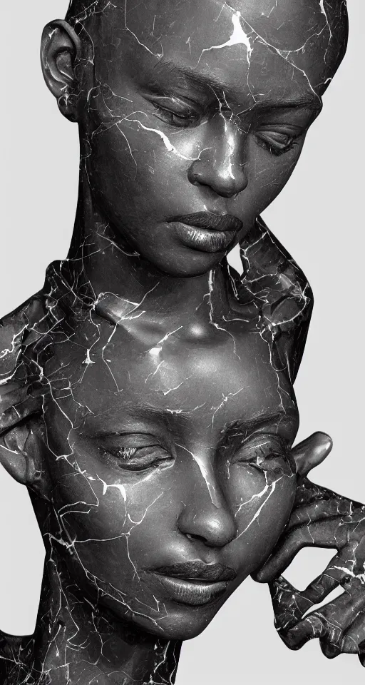 Prompt: hyper realistic of a stunning intricate cracked black marble falling african american woman angel face sculpture, highly detailed, white tone background, trending on artstation, hyperrealism, matte painting, subsurface scattering