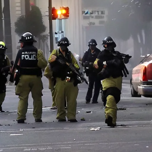 Image similar to firefight in san francisco streets, muzzle flashes, smoke, guns blazing, police vs the mafia