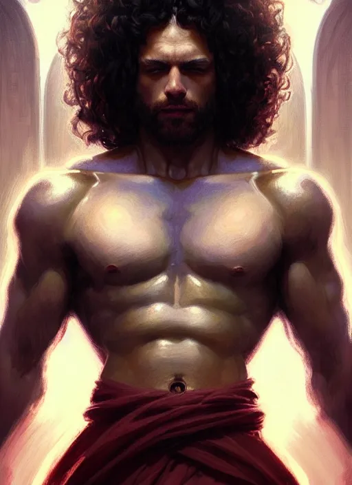 Image similar to Portrait of a man, curly hair, Sith, evil! muscular, robes! night!! intricate, elegant, highly detailed, digital painting, artstation, concept art, smooth, sharp focus, illustration, art by artgerm and greg rutkowski and alphonse mucha