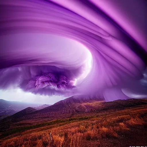 Image similar to amazing photo of purple clouds in the shape of a tornado by marc adamus, digital art, beautiful dramatic lighting