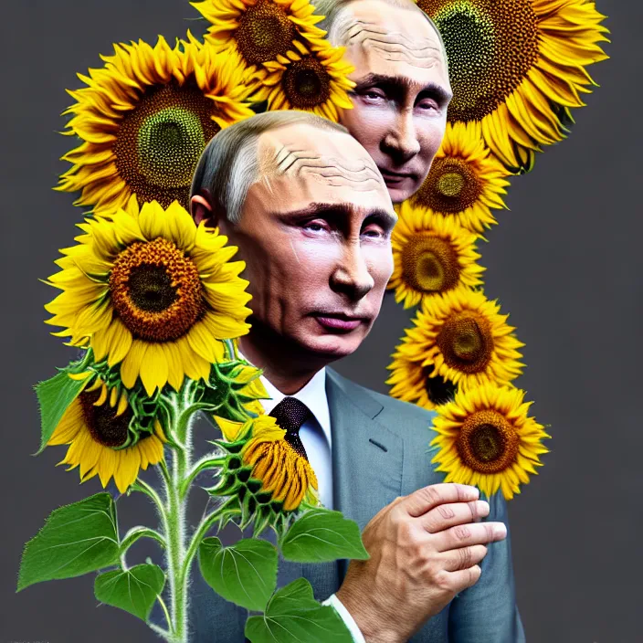 Image similar to photo portrait of Vladimir Putin - sunflowers - dressed in leisure suit with ornamental ethereal sunflower pattern, natural skin tone, highly detailed realistic flowers ornament in the upper side of breast, hair, eyebrows and wrinkles are intricate with highly detailed realistic flowers, elegant, Realistic, Refined, Highly Detailed, natural soft pastel lighting colors scheme, fine art photography by Cecil Beaton, volumetric lighting, hyper realistic photography