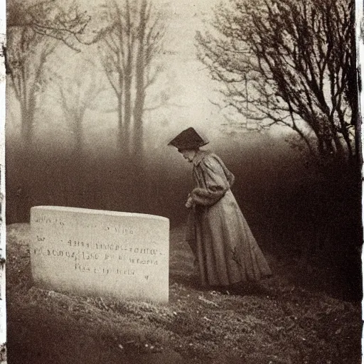 Image similar to a woman soul looking at his grave, night, fog, 1 9 0 0's photo