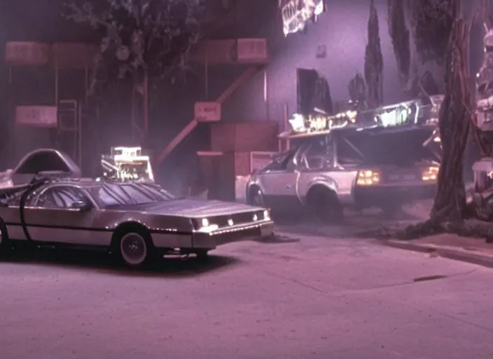 Image similar to screenshot from the iconic scene from the lost Back to the Future film directed by Martin Scorsese, cinematic lighting, unsettling set design with extreme detail, moody cinematography, with anamorphic lenses, crisp, detailed, 4k image, starring Marty Mcfly