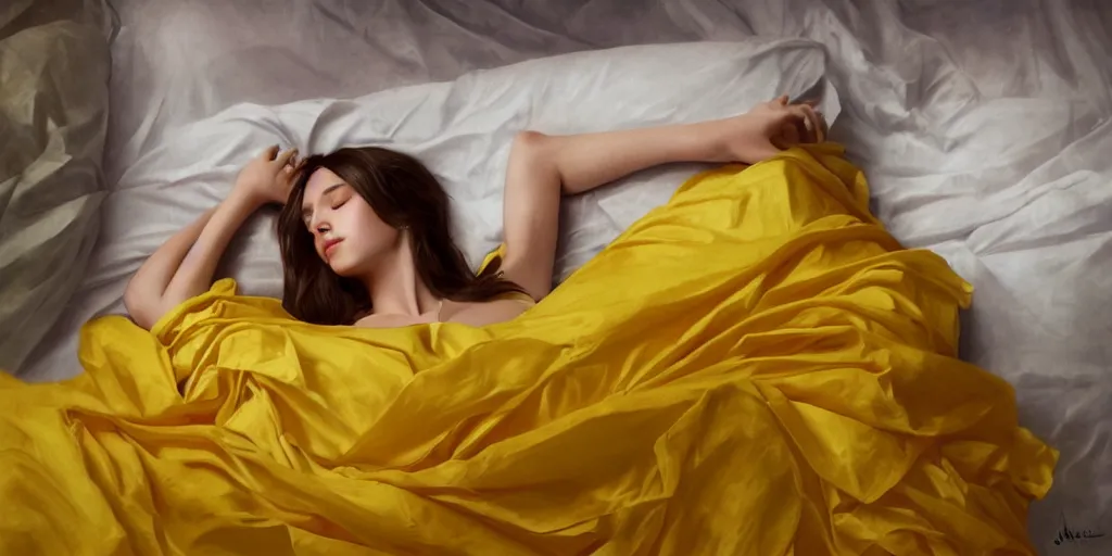 Prompt: beautiful oil matte portrait painting, young woman lying on a red bed sheet wearing a mustard yellow dress covered in giant rose petals, wonderful masterpiece highly detailed, beautiful cinematic light deep focus, elegant, digital painting, smooth, sharp focus, golden ratio, dramatic illumination, ultra realistic, 8 k, art by jimmy law