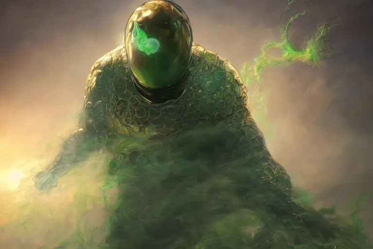 Prompt: Mysterio appearing gigantic emerging from a cloud of green smoke, trending on Artstation, highly detailed, HD wallpaper, 4k, photorealistic, digital art, art by artgerm and Greg Rutkowski and Alphonse Mucha