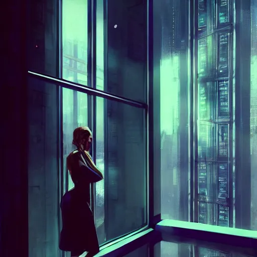 Prompt: detailed portrait of a woman, moment, cyberpunk glass elevator, electronic billboards, tech noir, wet reflections, atmospheric, ambient, livia prima, greg rutkowski, edward hopper, pj crook