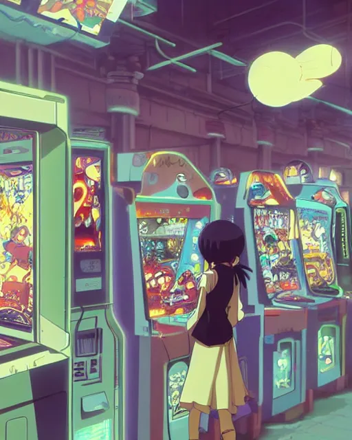 Image similar to a girl at the arcade, full shot, visible face, ambient lighting, detailed, very modern anime style, art by hayao miyazaki, masashi kishimoto, makoto shinkai