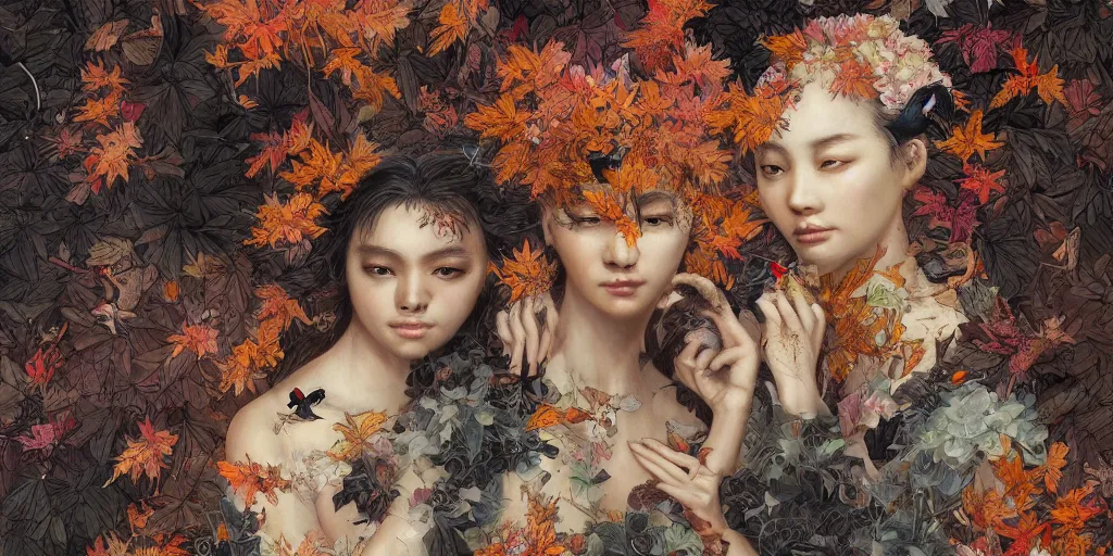Image similar to breathtaking detailed concept art painting pattern of black faces goddesses amalgamation autumn leaves with anxious piercing eyes and blend of flowers and birds, by hsiao - ron cheng and john james audubon, bizarre compositions, exquisite detail, extremely moody lighting, 8 k