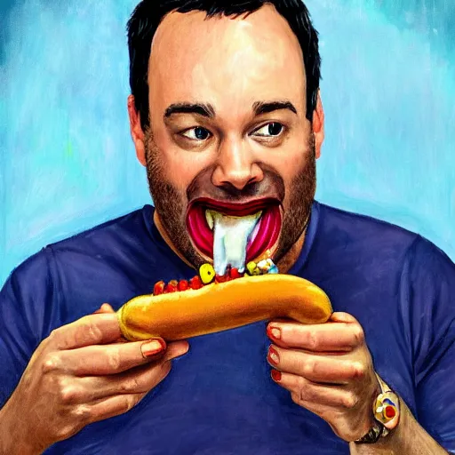 Prompt: highly detailed portrait of dave matthews eating a hotdog