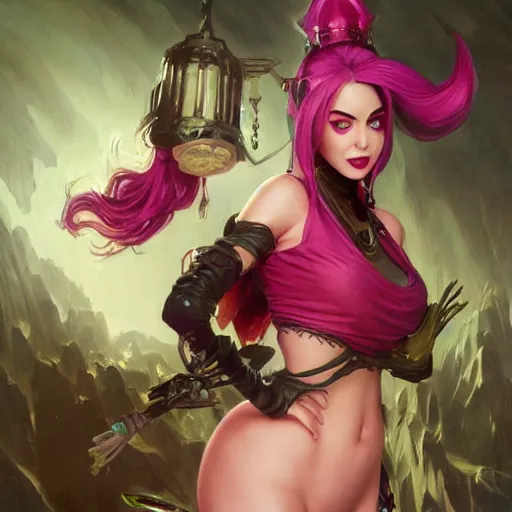 Prompt: Jinx from League of Legends, highly detailed, digital painting, artstation, concept art, smooth, sharp focus, illustration, ArtStation, art by artgerm and greg rutkowski and alphonse mucha and J. C. Leyendecker and Edmund Blair Leighton and Katsuhiro Otomo and Geof Darrow and Phil hale and Ashley wood and Ilya repin and Charlie Bowater