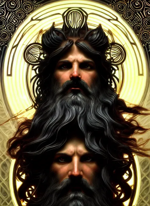 Image similar to furious god zeus, wavy black hair, bushy beard, glowing eyes, volumetric lights, cyan and gold scheme, art nouveau botanicals, gothic, intricate, highly detailed, digital painting, artstation, concept art, smooth, sharp focus, symmetric face, illustration, steampunk, art by artgerm and greg rutkowski and alphonse mucha