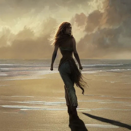 Prompt: A beautiful woman walking on the beach towards the viewer, high detail, 8K illustration, dynamic lighting, concept art, sunny, art by Leesha Hannigan and Greg Rutkowski,