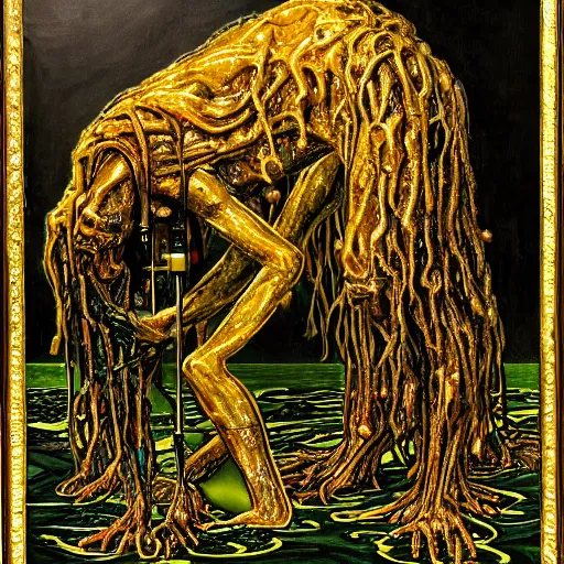 Prompt: dark green sci-fi lab at night, realistic gustave coubert painting of black onyx skin horror zombie dressed in rags exposed guts crawling in two legs and dripping golden metalic fluid from intestine into a puddle of golden liquid on the floor.