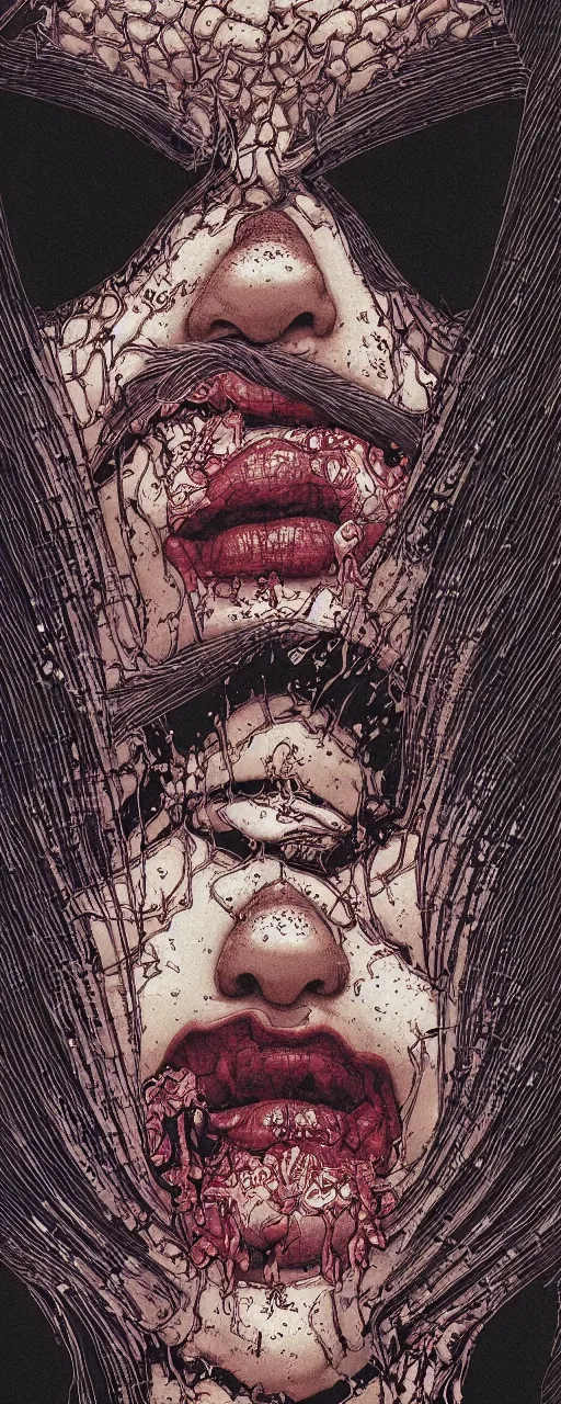 Image similar to closeup of face melting in agony, inside a frame on a tiled wall, frontal picture, by yoichi hatakenaka, masamune shirow, josan gonzales and dan mumford, ayami kojima, takato yamamoto, karol bak