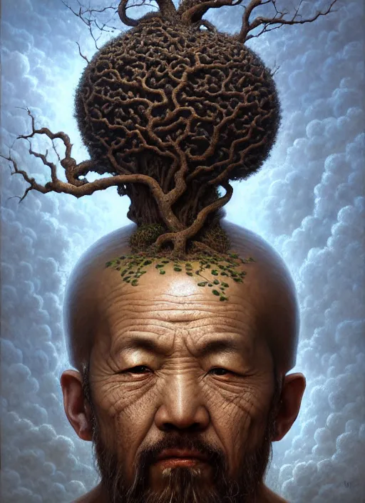 Prompt: monk with a bonsai growing out of his open head, intricate, rim light, extremly detailed oil painting, by tomasz alen kopera, james jean and fenghua zhong, highly detailed, art, cinematic lighting, very coherent, hyper realism, high detail, 8 k