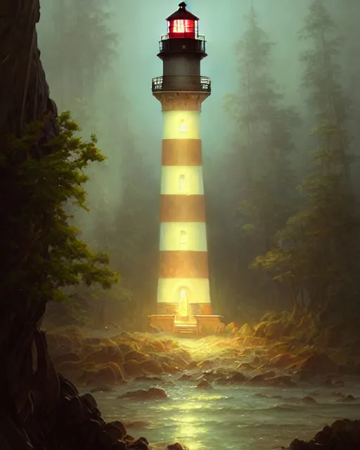 Prompt: a beautiful cinematic image of a lighthouse, fantasy forest landscape, fantasy magic, dark light night, intricate, elegant, sharp focus, illustration, highly detailed, digital painting, concept art, matte, art by wlop and artgerm and greg rutkowski and alphonse mucha, masterpiece