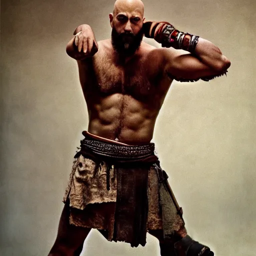 Image similar to kratos by Annie Leibovitz and Steve McCurry, natural light, detailed face, CANON Eos C300, ƒ1.8, 35mm, 8K, medium-format print