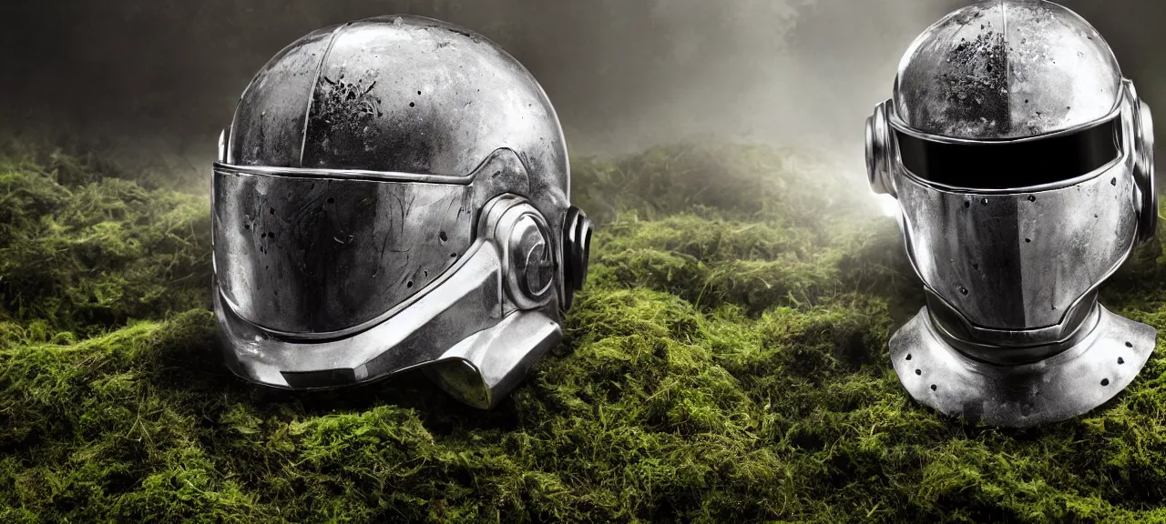 Prompt: gladiator in a daft punk helmet fighting for his life in an abandoned building covered in moss, rainy and foggy