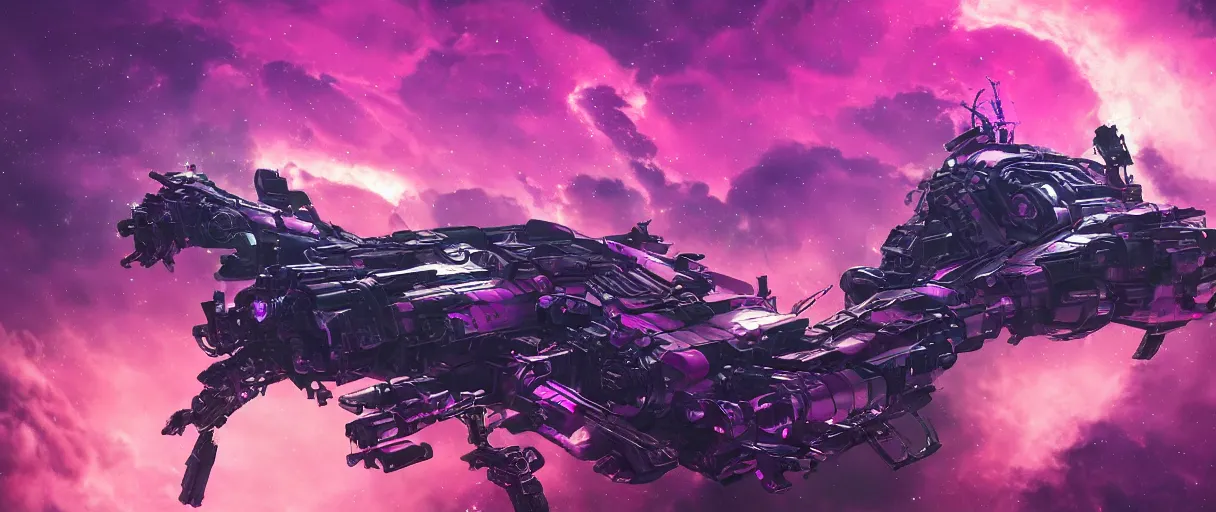 Prompt: space, a mechanical horse with a pink mohawk drives a pirate spaceship, punk, hyperdetailed illustration, stars, pink, neon, oil painting, rich deep colors masterpiece, pirate neon ship, ultra detailed, contrast, heaven pink, clouds, volumetric light, atmospheric lighting, dramatic, cinematic, moody, octane render 4 k, 8 k