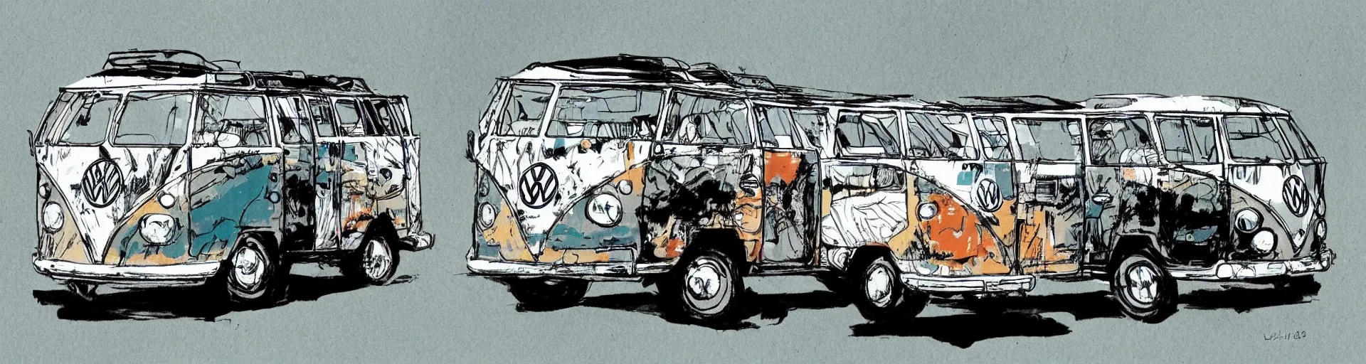 Image similar to a side view vw bus on a street, illustration by ashley wood