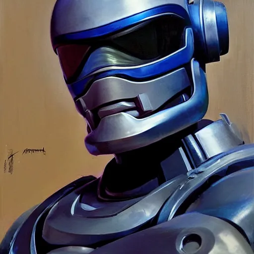 Image similar to greg manchess portrait painting of alex j. murphy aka robocop as overwatch character, 7 0 ies aesthetic, medium shot, asymmetrical, profile picture, organic painting, sunny day, matte painting, bold shapes, hard edges, street art, trending on artstation, by huang guangjian and gil elvgren and sachin teng