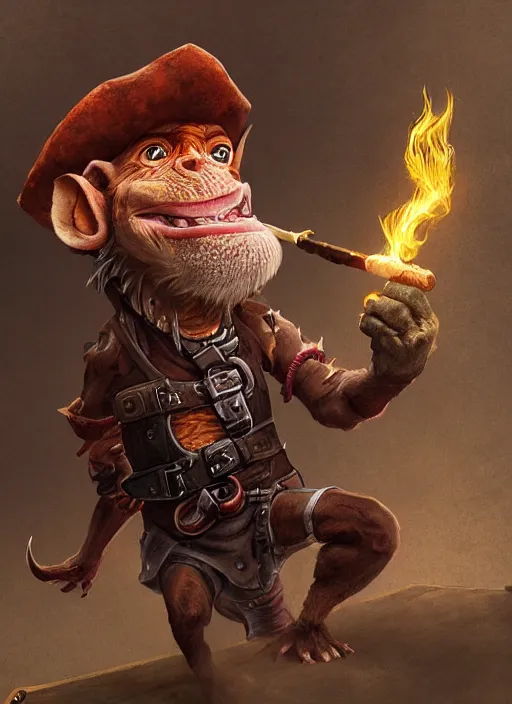 Image similar to pathfinder 2 e bestiary illustration of a protagonist goblin mixed with a monkey smoking a cigar, pirate themed, character portrait, unreal engine, hyper realism, realistic shading, cinematic composition, realistic render, octane render, detailed textures, studio lighting, photorealistic, wide shot