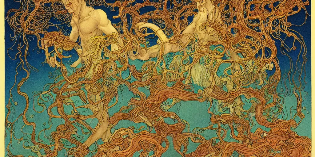 Image similar to epic illustration of a fungus god, by james jean, by ivan bilibin. glossy wet levitating floating fungus god with arms outstretched, made from colorful wet fungus tendrils. uhd, amazing depth, cinematic lighting