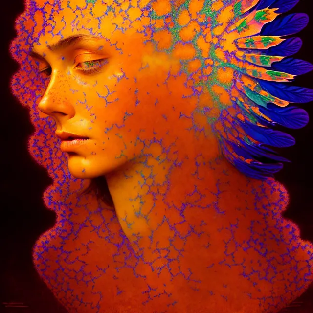 Image similar to psychedelic transcendent freckled sunburnt face mind bending psychedelic wings of glossy liquid honey flowing like kaleidoscopic translucent indigo, lsd feathers, honey wind, enlightenment, high contrast dappled lighting, refracted sunset, highly detailed, concept art, art by collier, albert aublet, krenz cushart, artem demura, alphonse mucha