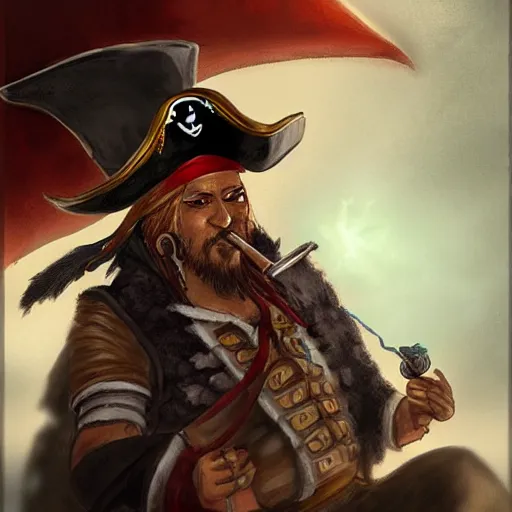 Image similar to pirate lighting his cigar with black dragon instead of lighter, digital art, trending on artstation