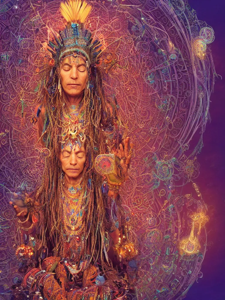 Prompt: a centered ancient mystical tribal elder wearing an intricate head dress of feathers and jewels generating flowing energy and surrounded by wisps of incense smoke sits meditating on a complex celestial mandala in a cybernetic robot temple, peaceful face, by justin gerard and craig mullins, 3 d, cinema 4 d render, trending on artstation, 8 k