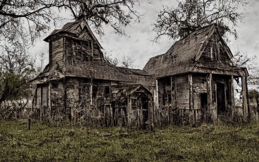 Image similar to an old wooden church rotting away in the bayou, realistic, old color photograph, dynamic composition, creepy