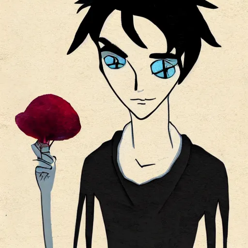 Image similar to young man portrait, black hair, skinny, sleep deprived, corpse bride art style