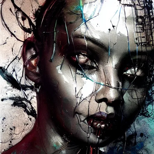 Prompt: black female cybernetic dream hunter, cyberpunk, wires, skulls!! machines ( by emil melmoth zdzislaw belsinki craig mullins yoji shinkawa ) realistic render ominous detailed photo atmospheric by jeremy mann francis bacon and agnes cecile ink drips paint smears!! digital glitches glitchart!!