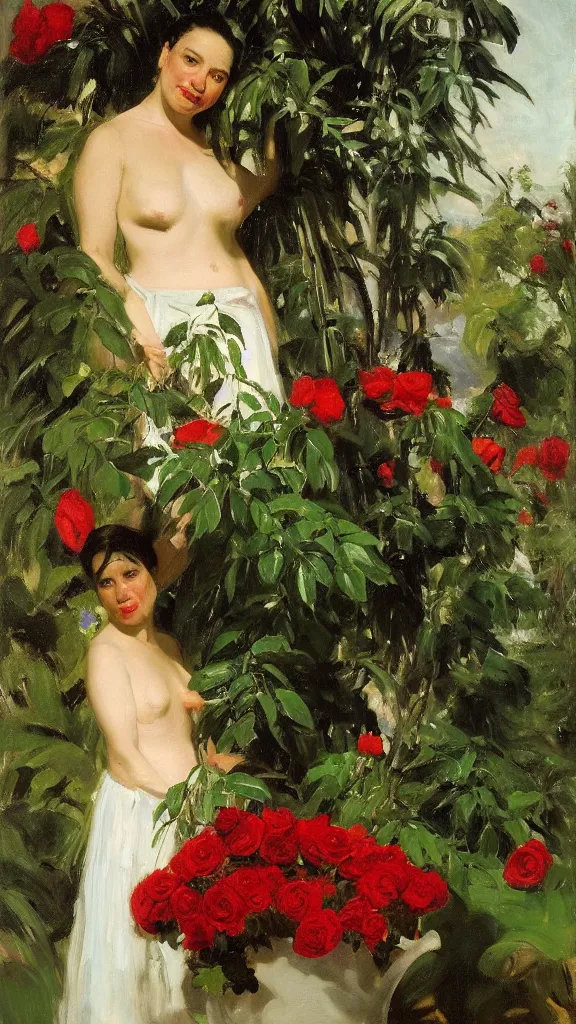 Prompt: rebekah delrio in a botanical room set near a persian pot fulk of red roses and palm treeby john singer sargent