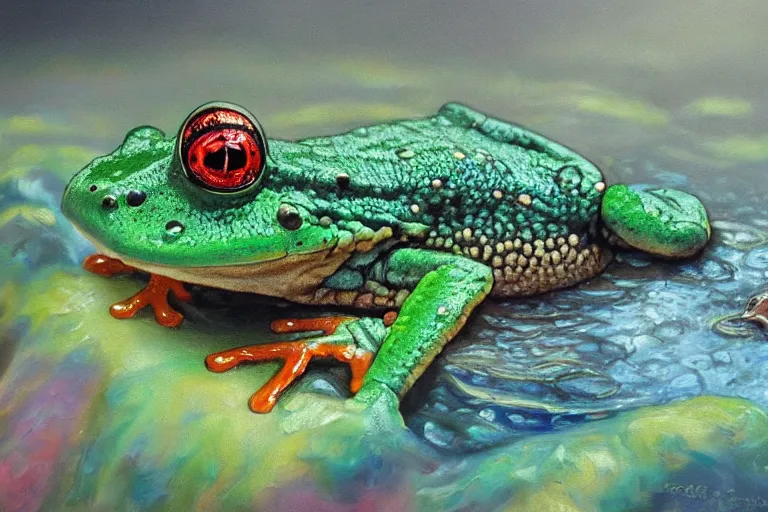 Image similar to highly detailed oil painting of a lizard frog ( ( mushroom ) ) in a steaming colorful hotspring, featured on artstation