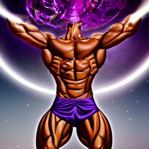 Image similar to a muscular man made of purple energy, wielding two orbs in his hands that are able to manipulate the force of electromagnetism in order to cause chemical changes inside of the orbs.