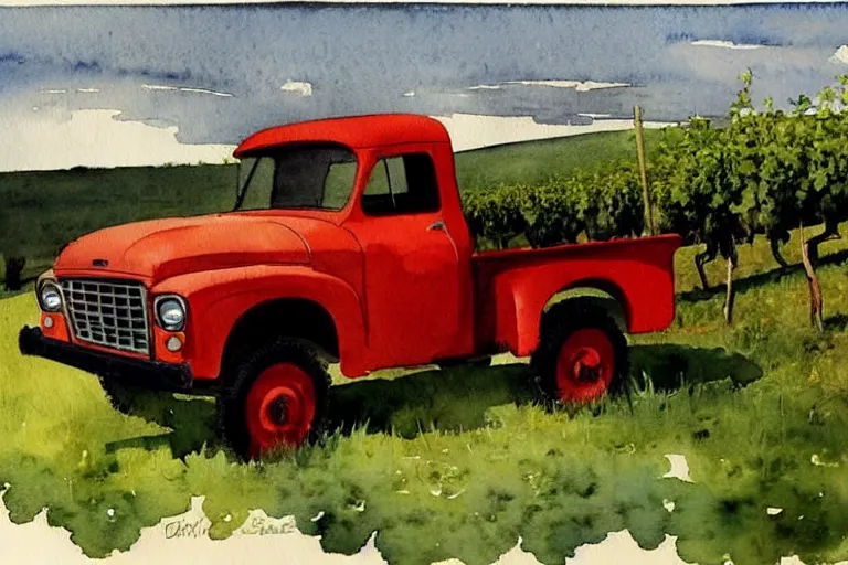 Image similar to watercolor painting of bbc a vintage red truck in a vineyard by winslow homer