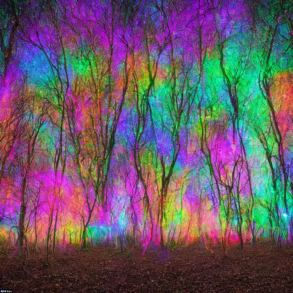 Prompt: a colourful long exposure photograph of many trees moving in a strong wind, back light, sony ar 7 ii, photographed by wolfgang tillmans