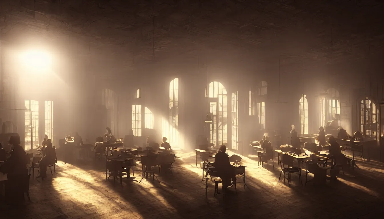 Prompt: a victorian internet cafe, volumetric light, morning light, cinematic photo, epic scene