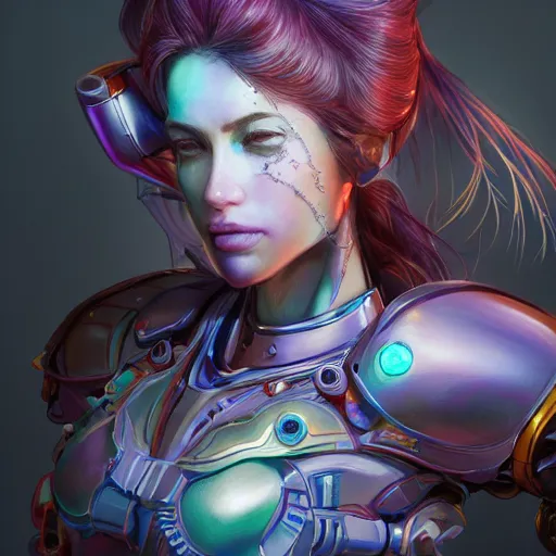 Image similar to studio portrait of lawful good colorful female holy mecha paladin absurdly beautiful, elegant, young sensual graceful woman, ultrafine hyperrealistic detailed face illustration by kim jung gi, irakli nadar, intricate linework, sharp focus, bright colors, matte, octopath traveler, final fantasy, unreal engine highly rendered, global illumination, radiant light, intricate environment