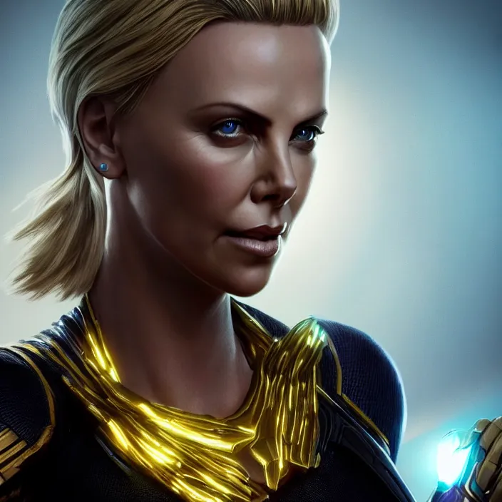 Image similar to portrait of (Charlize Theron), wearing The Infinity Gauntlet!! intricate artwork. octane render, trending on artstation, very coherent symmetrical artwork. thanos. cinematic, hyper realism, high detail, octane render, 8k, iridescent accents