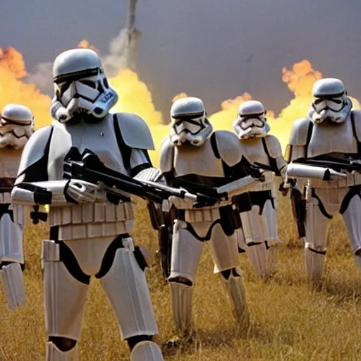 Image similar to star wars clone troopers combat soldiers in vietnam, photo, old picture, lush landscape, jungle, firearms, explosions, helicopters, aerial combat, active battle zone, flamethrower, air support, jedi, land mines, gunfire, violent, star destroyers, star wars lasers, sci - fi, jetpacks, agent orange, bomber planes, smoke, trench warfare