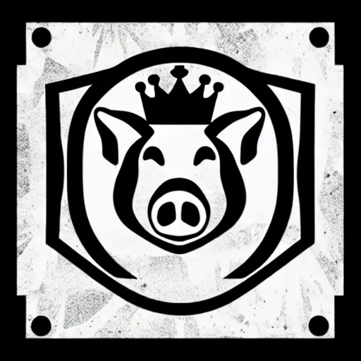 Image similar to good pig king logo Illustrated by Shepard Fairey, H.R. Geiger, black and white, high contrast, high detailed sharp outlines, hyper realistic, vector art