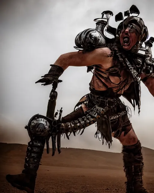 Image similar to photoshoot of the post apocalyptic warrior giant master blaster, in the style of mad max beyond the thunderdome and director george miller, cinematic