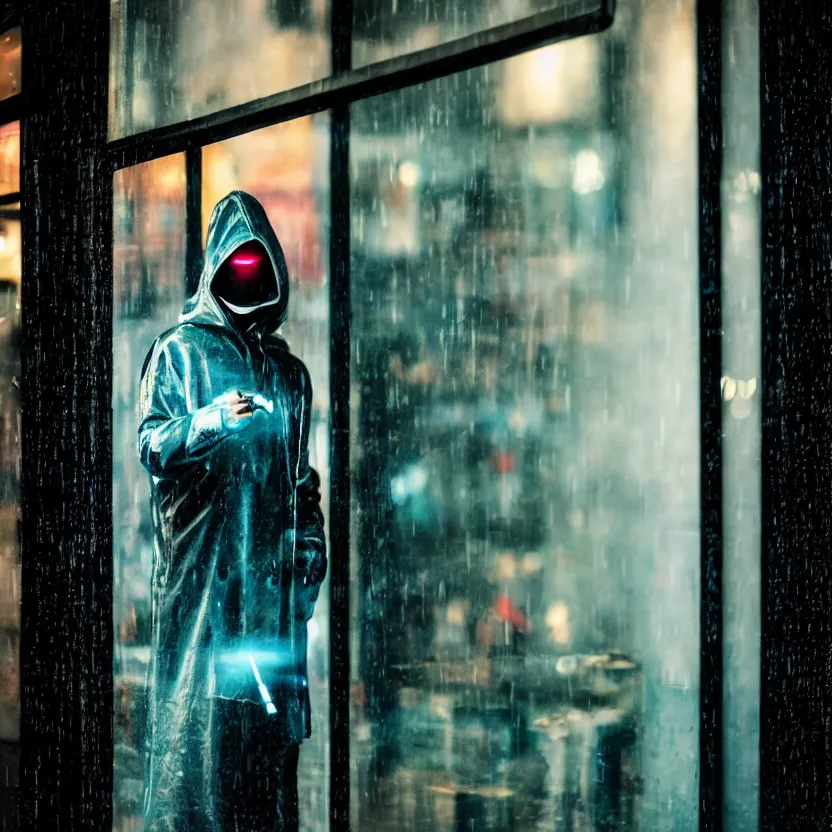 Prompt: a hooded cyborg holding a smoking cigarette outside of a windowed storefront, neon lights reflecting, pouring rain, high contrast, faded colors, depth of field, detailed 8k sci-fi portrait