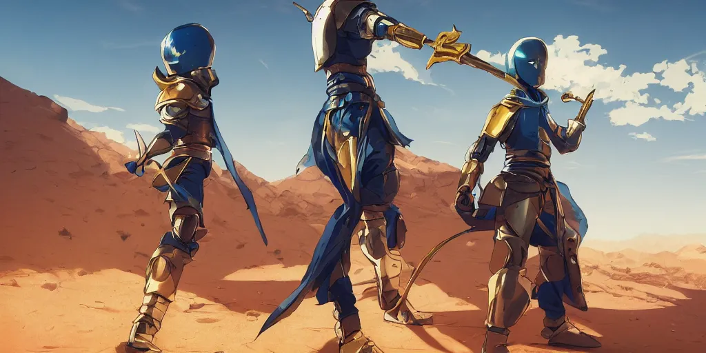 Image similar to blue knight holding a gold sword, green hatchback car screen left, low wide angle, anime, desert landscape, greg rutkowski, Murata, one punch man manga, cinematic, digital art, hyper realistic