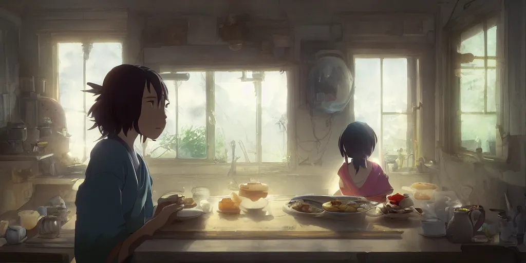 Image similar to a girl makes breakfast in her house, close up shot from the side, anime art, Greg Rutkowski, studio ghibli, dramatic lighting